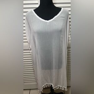 Shear White Swimwear Cover with tassels on the sides, One Size